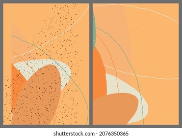 Linear abstract drawing on flat background. Contemporary composition. Modern art, print or poster. Natural color textured with spots and lines. Matte colors.