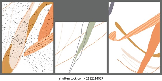 Linear abstract drawing on flat background. Contemporary composition. Modern art, print or poster. Natural color textured with spots and lines. Matte colors.