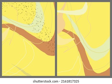 Linear abstract drawing on flat background. Contemporary composition. Modern art, print or poster. Natural color textured with spots and lines. Matte colors.