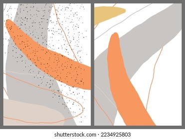 Linear abstract drawing on flat background. Contemporary composition. Modern art, print or poster. Natural color textured with spots and lines. Matte colors.
