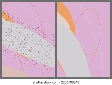 Linear abstract drawing on flat background. Contemporary composition. Modern art, print or poster. Natural color textured with spots and lines. Matte colors.