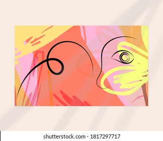 Linear abstract face drawing on abstract background. Contemporary composition. Modern art, print or poster mock up with shadow overlay. Natural color textured with spots and lines.