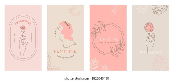 Linear Abstract Feminine Logo Emblems Set, Hands In Different Gestures, Woman Silhouette For Cosmetic Packaging Beauty Product Branding, Social Media Stories Abstract Modern Background In Pastel Color