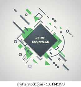 Linear abstract geometric background with black lines and dots with geometric shapes, triangles, squares and circles. Design for brochure flyer or book cover. Stock vector illustration.