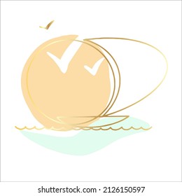 Linear abstract hand drawn sailboat, sun, birds, ocean.