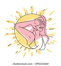Linear abstract illustration summer hand drawing, girl closes from the sun, round.