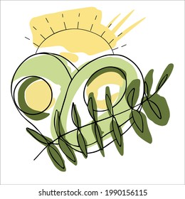 Linear abstract illustration summer hand drawing, avocado with a branch of tropical plants, sun, summer palette.