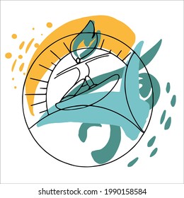 Ilustración lineal abstracta de dibujos a mano de verano, surfista sobre olas, océano, sol, paleta de verano.