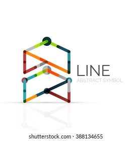 Linear abstract logo, connected multicolored segments of lines geometrical figure. Vector wire business icon isolated on white