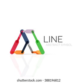 Linear abstract logo, connected multicolored segments of lines geometrical figure. Vector wire business icon isolated on white