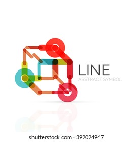 Linear abstract logo, connected multicolored segments of lines geometrical figure. Vector wire business icon isolated on white