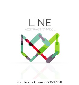 Linear abstract logo, connected multicolored segments of lines geometrical figure. Vector wire business icon isolated on white