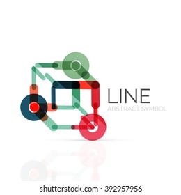 Linear abstract logo, connected multicolored segments of lines geometrical figure. Vector wire business icon isolated on white