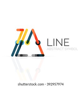 Linear abstract logo, connected multicolored segments of lines geometrical figure. Vector wire business icon isolated on white
