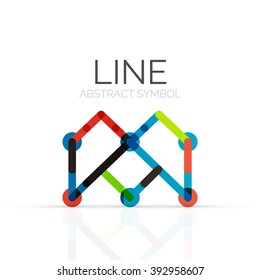 Linear abstract logo, connected multicolored segments of lines geometrical figure. Vector wire business icon isolated on white