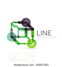 Lineares abstraktes Logo, angeschlossene mehrfarbige Segmente geometrischer Linien. Vektorsymbol für Drahtseile, einzeln auf Weiß