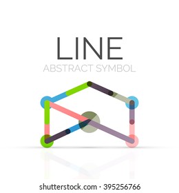 Linear abstract logo, connected multicolored segments of lines geometrical figure. Vector wire business icon isolated on white