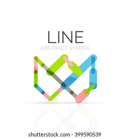 Linear abstract logo, connected multicolored segments of lines geometrical figure. Vector wire business icon isolated on white