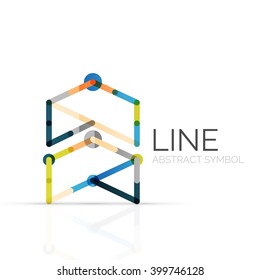 Linear abstract logo, connected multicolored segments of lines geometrical figure. Vector wire business icon isolated on white