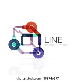 Linear abstract logo, connected multicolored segments of lines geometrical figure. Vector wire business icon isolated on white