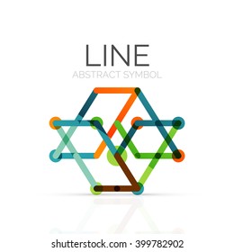 Linear abstract logo, connected multicolored segments of lines geometrical figure. Vector wire business icon isolated on white