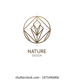 Linear abstract logo diamond. Gemstone icon vector, brilliant sign, crystal geometric symbol. Beauty, elegant, luxury style. Minimalistic round emblem for decorative design - jewelry, fashion industry