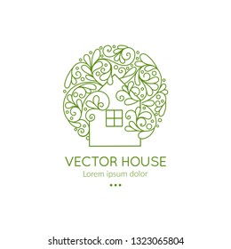 Linear abstract logo of a house with green leaf. Great for emblem, monogram, invitation, flyer, menu, brochure, background, or any desired idea.