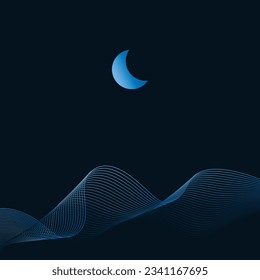 Linear abstract mountains waves on dark background, Moon over wavy linear hills backdrop. Asian motifs. Vector banner.