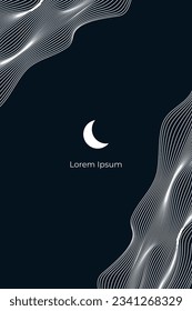Linear abstract mountains waves on dark background, Moon over wavy linear hills backdrop. Asian motifs. Vector banner.