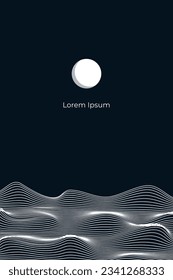 Linear abstract mountains waves on dark background, Moon over wavy linear hills backdrop. Asian motifs. Vector banner.