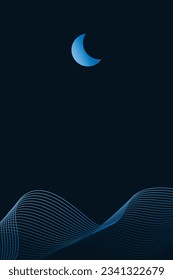 Montañas lineales abstractas ondas sobre fondo oscuro, Luna sobre colinas lineales onduladas fondo. Motivos asiáticos. Cartel del vector.