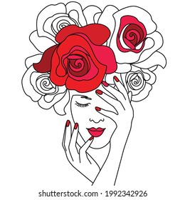 linear abstract portrait of a beautiful girl with roses. black and white contour drawing with accents red color. it can be used as a print on a T-shirt. stock vector illustration. EPS 10.