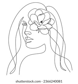 Linear abstract portrait of a young beautiful woman. One line illustration. Vector.
