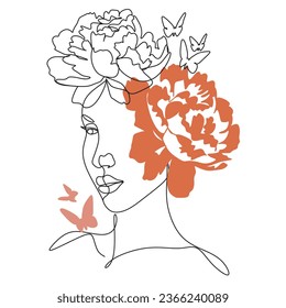 Linear abstract portrait of a young beautiful woman. One line illustration. Vector.