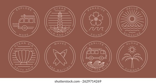 Linear abstract round surf badges with quote . Minimalist summer resort, camp paradise vibe for sticker, card, web design.