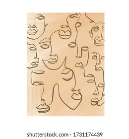 Linear abstract silhouettes faces of man and woman drawn by one continuous black ink line on white background. Trendy modern design. 