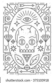 Linear abstract vector illustration with skull and ornaments