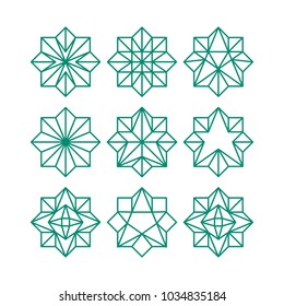 Linear abstract vector shapes. Polyhedron icons. 3D geometric crystals. Gem and minerals. Thin line illustrations. Logo ideas in origami style. Contour symbols. Vector isolated outline drawings set