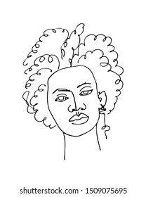 Linear abstract woman face with curly hair. Continuous line art. One line drawing. Minimalist graphic.  