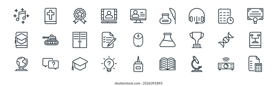linear academy icon pack. vector thin line projector, bible, medal, schedule, exam, law book, liquid glue, maths icons suitable for apps and websites ui designs
