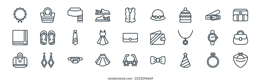 linear accessories icon pack. vector thin line ring, hand bag, scarf, belt, dress, hand bag, party glasses, bandana icons suitable for apps and websites ui designs