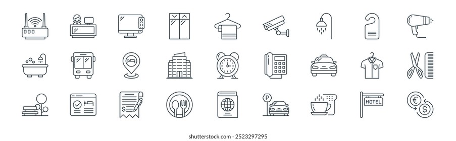 Vector de línea delgada hotel, recepción, televisor, etiqueta de la puerta, hotel, peluquería, pasaporte, iconos de cambio de divisas adecuados para App y Sitios web UI diseños