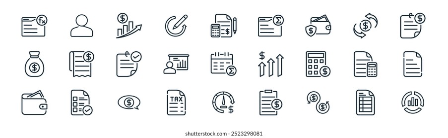 Icon-Paket für lineare Buchhaltung. Vektor Thin Line-Daten, Benutzer, Umsatz, Geldwechsel, Präsentation, Dokument, Leistung, Datenanalyse-Symbole für Anwendungen und Websites ui Designs