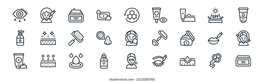 Vector de línea delgada masajeador de cara, relleno, crema, SPF, E, piel brillante, cara, crema iconos adecuados para App y Sitios web UI diseños