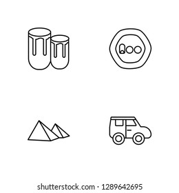 Linear African drum, Pyramids, Algerian Dinar, Car Vector Illustration Of 4 outline Icons. Editable Pack Of African drum, Pyramids, Algerian Dinar, Car
