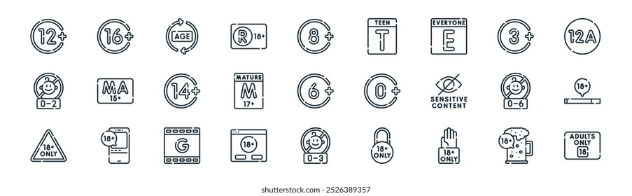 linear age restriction icon pack. vector thin line beer,  , age limit,  mature audience, cigarette, children age limit, adults only icons suitable for apps and websites ui