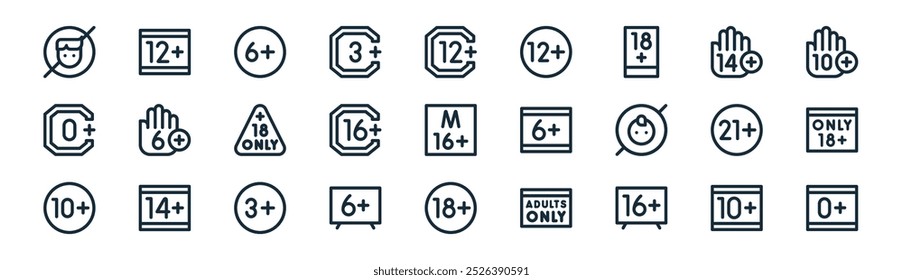 pacote de ícones de restrição linear de idade. linha fina vetorial, + ícones adequados para apps e sites ui