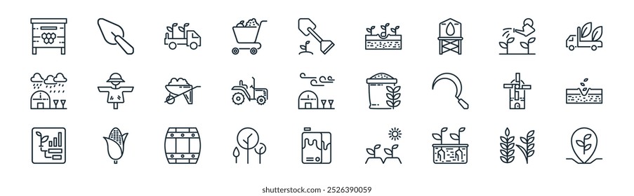 linear agriculture icon pack. vector thin line grain, trowel, truck, watering, tractor, seeding, milk, farming icons suitable for apps and websites ui designs