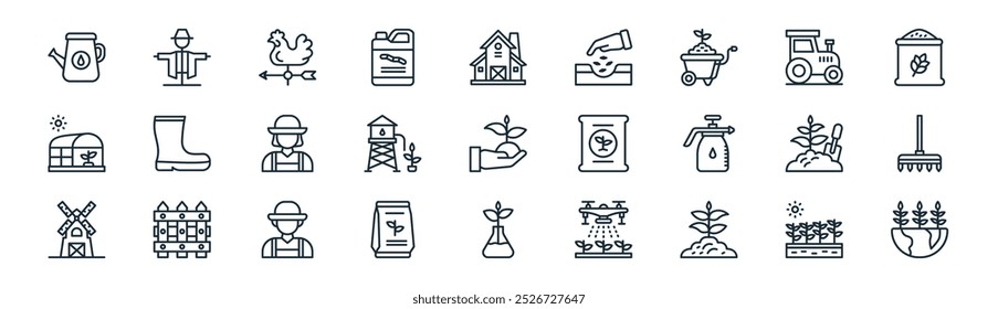 Ikonenpaket für die lineare Landwirtschaft. Vektor dünne Linie wachsen Pflanze, Vogelscheuche, Wetterfahne, Traktor, Silo, Garten Gabel, Pflanze, Bauernhof Icons geeignet für Apps und Websites ui Designs