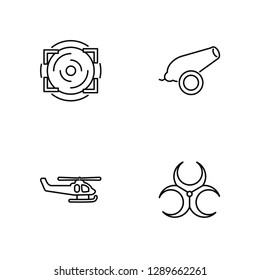 Linear Aim, Helicopter, Cannon, Toxic Vector Illustration Of 4 outline Icons. Editable Pack Of Aim, Helicopter, Cannon, Toxic